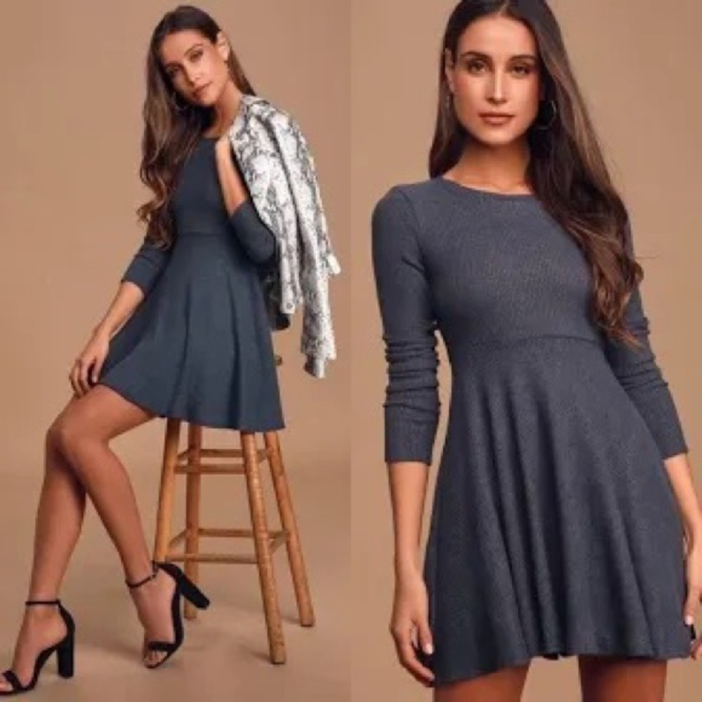 Lulus Fit and Fair Hunter Blue Ribbed Knit Long Sleeve Skater Dress Small